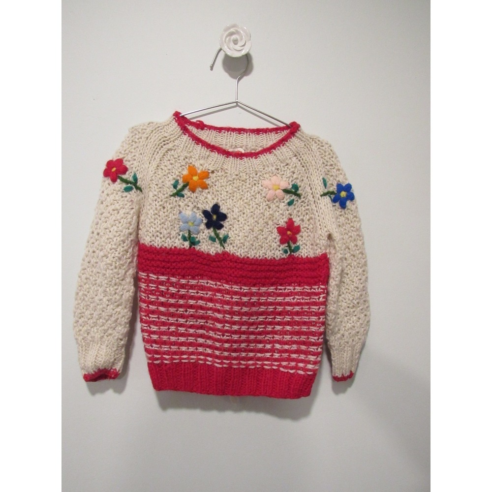 PopSicle Vintage 90s Kids Sweater Red White Floral Knit Size 4 Scandinavian Ski